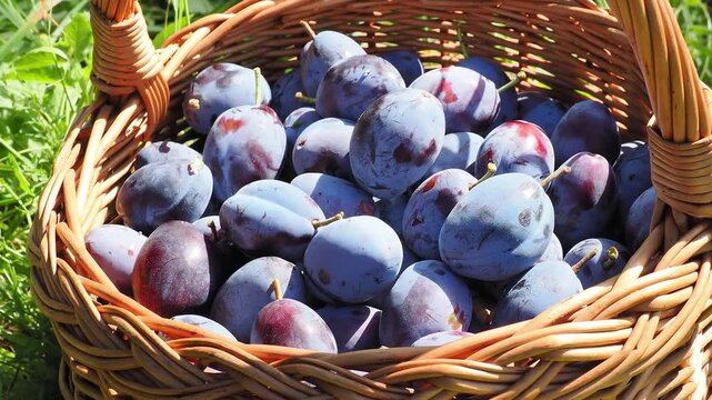 Basket of fresh ripe plums sitting on grass durng harvesting season
