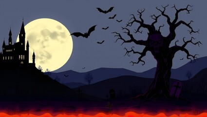 Fototapeta premium Spooky haunted castle silhouette with a large full moon and flying bats in a dark night landscape