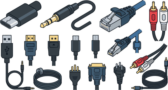 Computer Cable and Audio Wire Connector Icon Set Featuring USB Type C, HDMI, Ethernet RJ45, Jack, Power Plug, and RCA Vector Elements