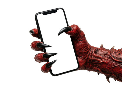 Scary monster hand holding a blank smartphone