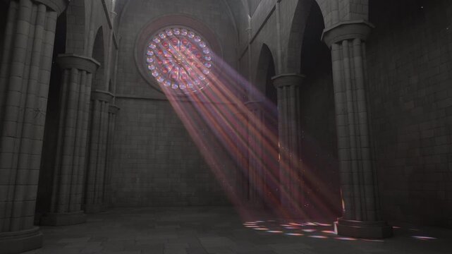 Sunlight through rose window in cathedral interior. Looped animation