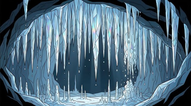 Stylized ice cave interior with frozen stalactites