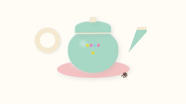 Minimalist vector illustration of a pastel colored teapot on a simple saucer.