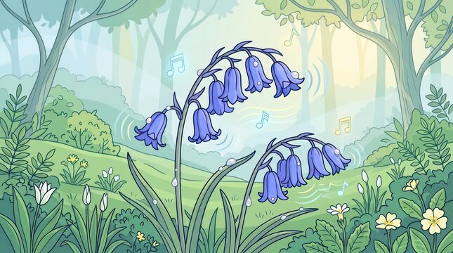 Whimsical bluebell flowers ringing musical notes in a forest