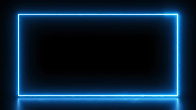 Blue Neon Rectangles Forming Abstract Shapes on a Dark Reflective Surface with Subtle Light Effects