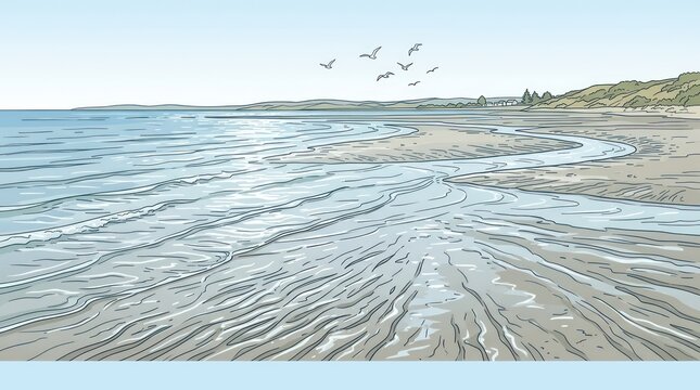 Serene coastal landscape illustration with low tide beach and birds