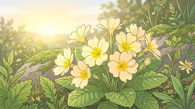 Yellow primrose flowers blooming on a rocky hill at sunrise