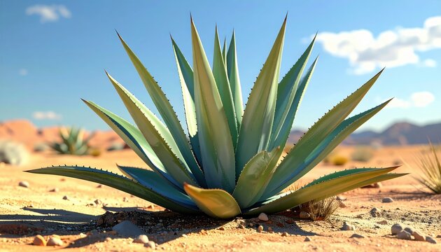 Agave plant with pointed leaves 3D Illustration in a warm desert landscape