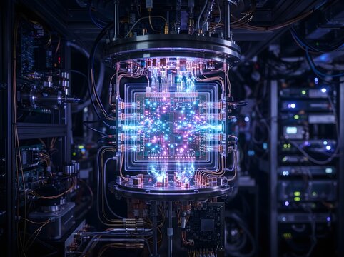 Close-up of a complex quantum computer core structure with glowing blue and purple qubit particles, optical fibers, and cooling system in a high-tech laboratory environment