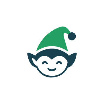 Cute Christmas Elf Face Logo with Green Santa Hat Minimalist Vector Illustration
