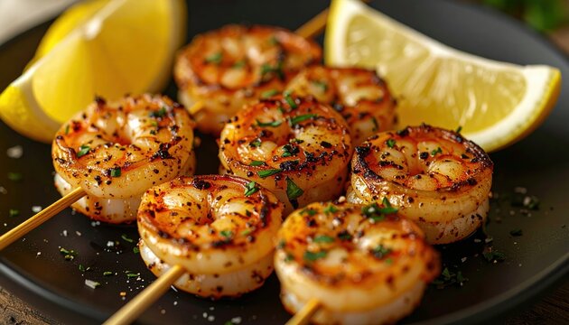 Three seasoned grilled shrimp skewers served on a dark plate with lemon wedges, 3D Illustration.