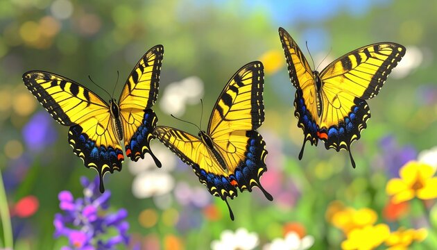 Three yellow butterflies with black markings 3D Illustration flying above a colorful spring meadow