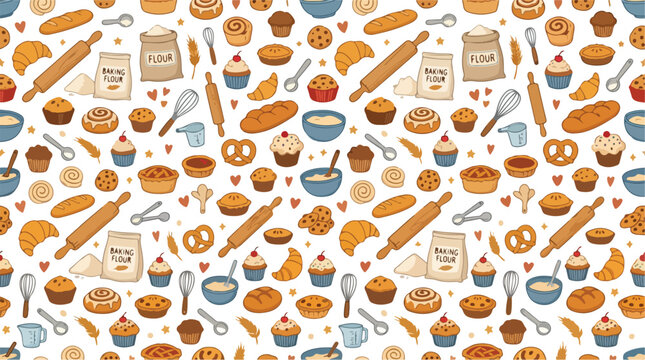 Seamless pattern of bakery icons and baking ingredients