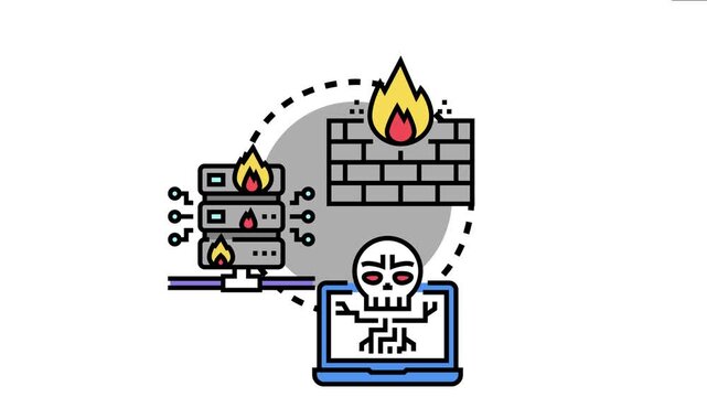 Managing network firewall defense settings, with a server rack, firewall brick wall, and evil skull appearing on a laptop screen, cyber security threats and protection