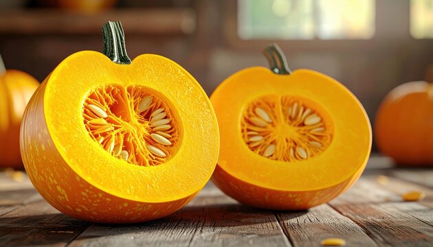 Cut kabocha squash with visible seeds 3D Illustration on a rustic farm kitchen background
