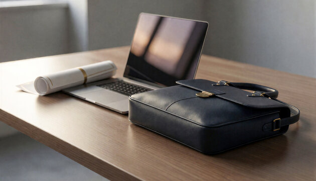 Black leather briefcase with laptop computer and rolled document on wooden office desk generative AI