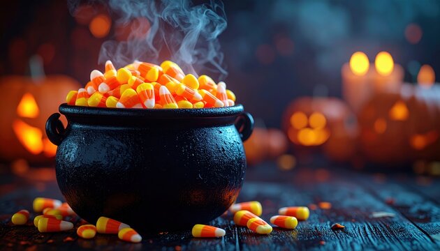 Black cauldron filled with candy corn 3D Illustration on a spooky Halloween background
