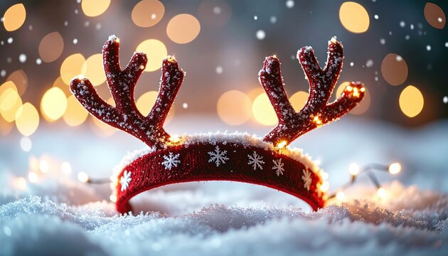 Christmas reindeer antler headband 3D Illustration with snowflakes and warm lights