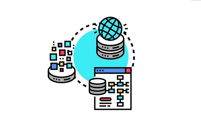 Data processing concept indicating secure information storing, analyzing, and transferring across different databases and digital systems for efficient management