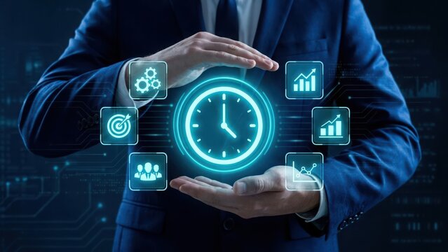 Businessman holding digital clock and business icons representing time management