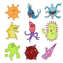 Obraz premium Cute Germs and Bacteria Cartoon Characters Vector Set