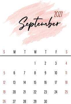 September 2027 Monthly Calendar Design with Watercolor Splash