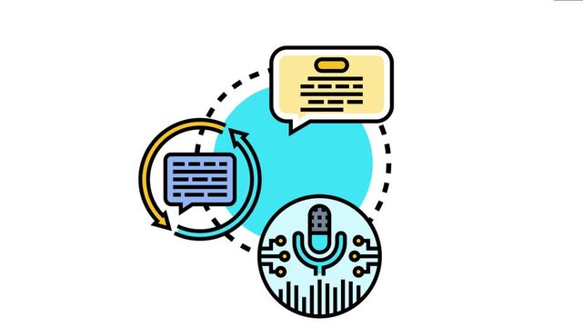 Digital dialogue system concept showing a voice recognizing microphone in a circuit converting speech into text communication and generating a response message for interactive conversation
