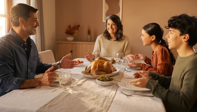 Grupo de personas compartiendo una comida con pavo asado en la mesa