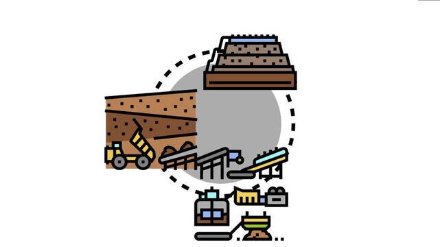 Industrial operations depicting the extraction of raw materials from the earth. Transportation by heavy equipment. And subsequent processing of the excavated ore for refinement and material production
