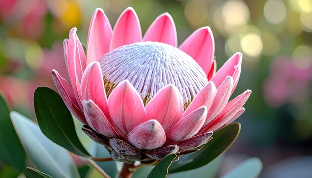 Pink protea flower with textured petals 3D Illustration on an elegant botanical background