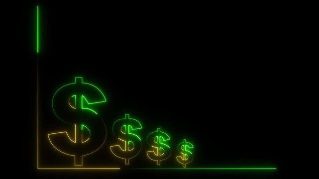 green neon dollar signs arranged in a descending bar chart sequence on a solid black 4k animation video