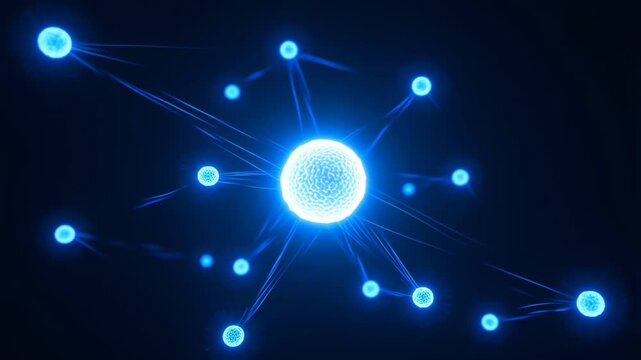 Glowing blue virus sphere molecule network structure with connected particles representing microbiology research 3D render