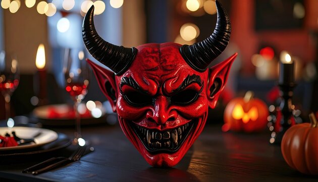 3D Illustration of a vibrant red devil mask with bold black horns displayed on a dark Halloween party table.