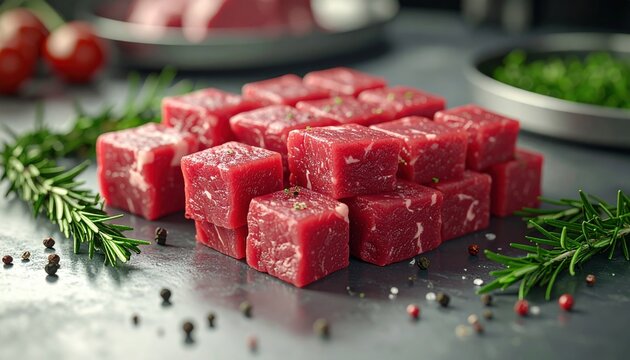 Fresh raw red meat cubes arranged beside herbs and spices on a butcher preparation table, 3D Illustration.