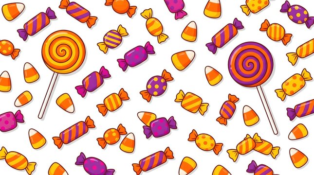 Halloween candy seamless pattern. Features lollipops, wrapped candies, and candy corn. Cute cartoon vector illustration for holiday backgrounds.