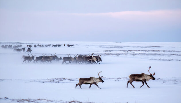 Herd of Reindeer Migrating Across a Snowy Tundra Landscape in a Blizzard with Fog and Mist
