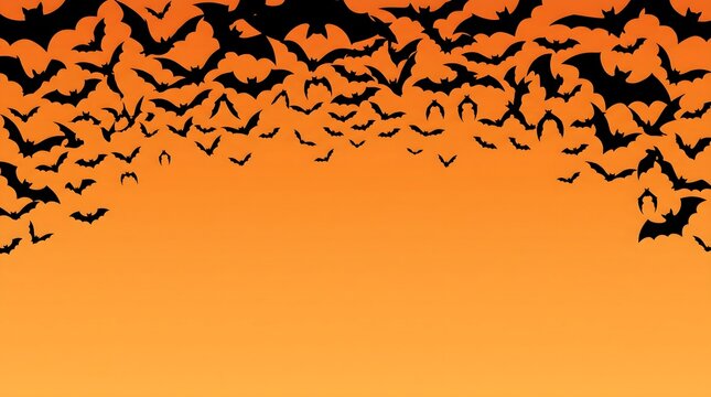Halloween bat silhouette background. Features a swarm of black flying bats against an orange sky. Spooky vector illustration for holiday designs.