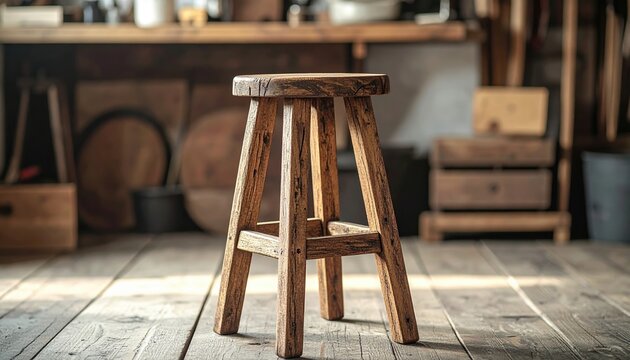 Rustic wooden three legged stool standing inside a cozy farmhouse workshop, 3D Illustration, natural wood grain.