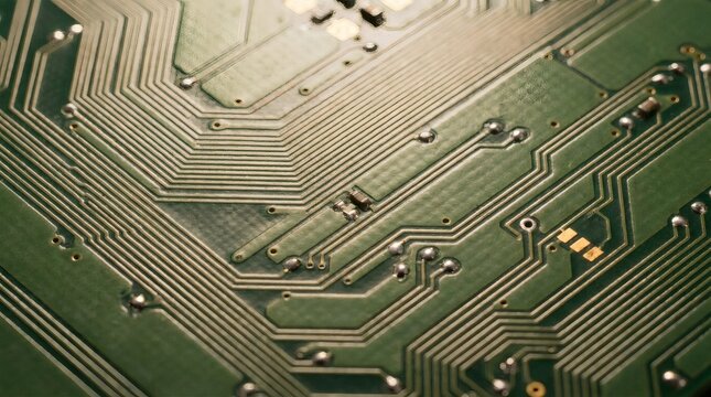 Macro Green Circuit Board with Copper Traces and Solder Point Details.