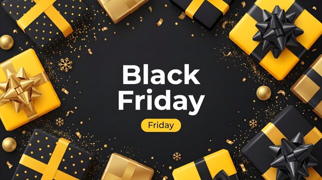 Black Friday sale banner with gift boxes. Features yellow and black presents with ribbons on a dark background. Holiday shopping promotion and discount marketing.
