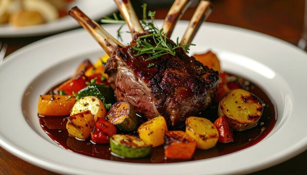 Gourmet rack of lamb served with roasted colorful vegetables and rich sauce on an elegant dinner plate, 3D Illustration.