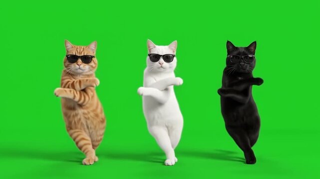 Three funny cats dance in sunglasses on green screen animal meme background