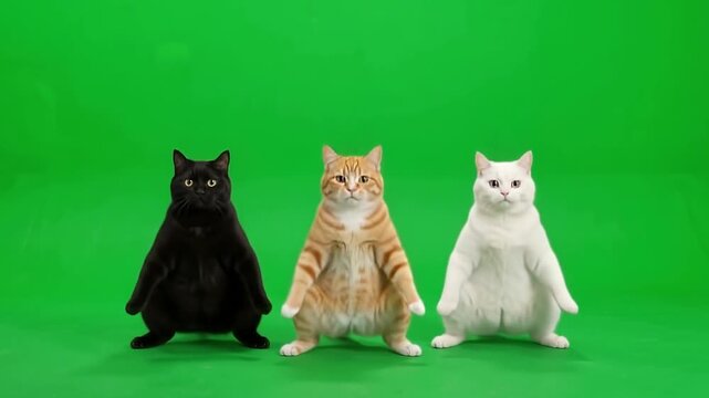 Funny domestic animal pets and cats dance on a chroma key green screen