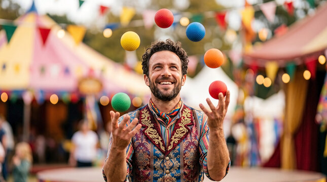Juggling performer in colorful attire joyfully tossing bright balls at carnival event. The skilled juggler entertains festival-goers with vibrant act in joyful atmosphere.