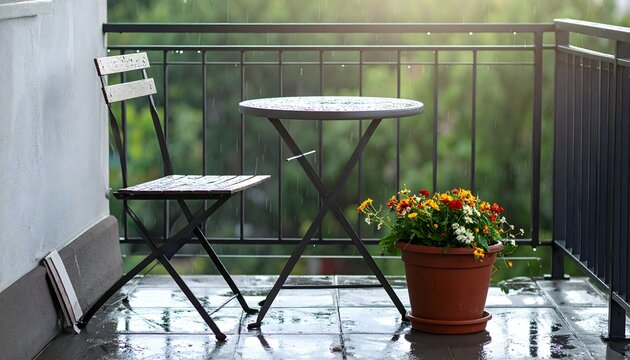 Balc&oacute;n mojado con mesa, silla y maceta de flores tras la lluvia