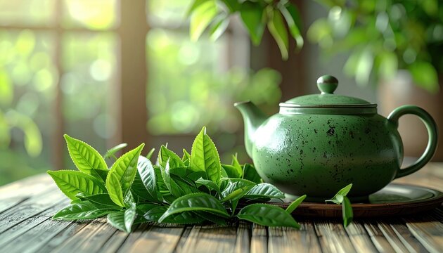 Green tea leaves arrangement 3D Illustration beside a traditional ceramic teapot in a peaceful tea room