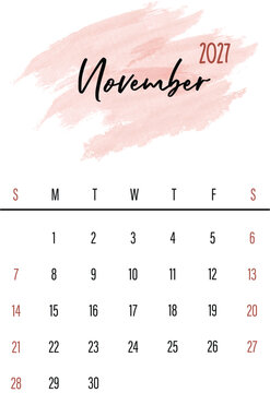 November 2027 Monthly Calendar Design with Watercolor Splash