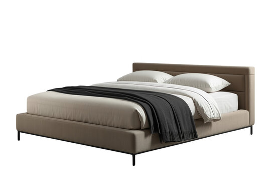 Modern upholstered bed with pillows isolated on transparent background