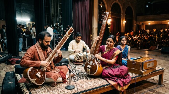 Tansen Samaroh Musicians Preparing Backstage in Warm Festival Lighting