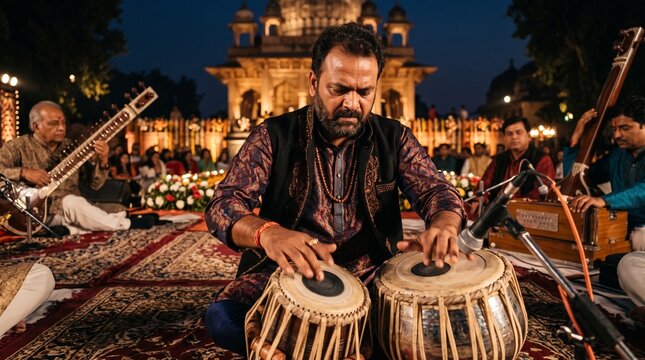 Tansen Samaroh Tabla Player Performing in Warm Evening Festival Light